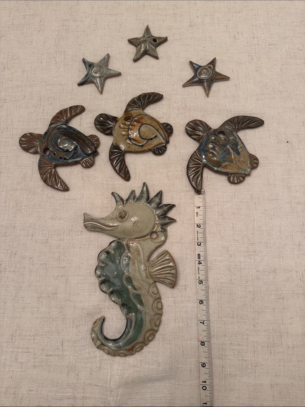 Custom Clay Glazed and Fired  Seahorse & Turtle Wall Art Set - Blue, Green, Tan